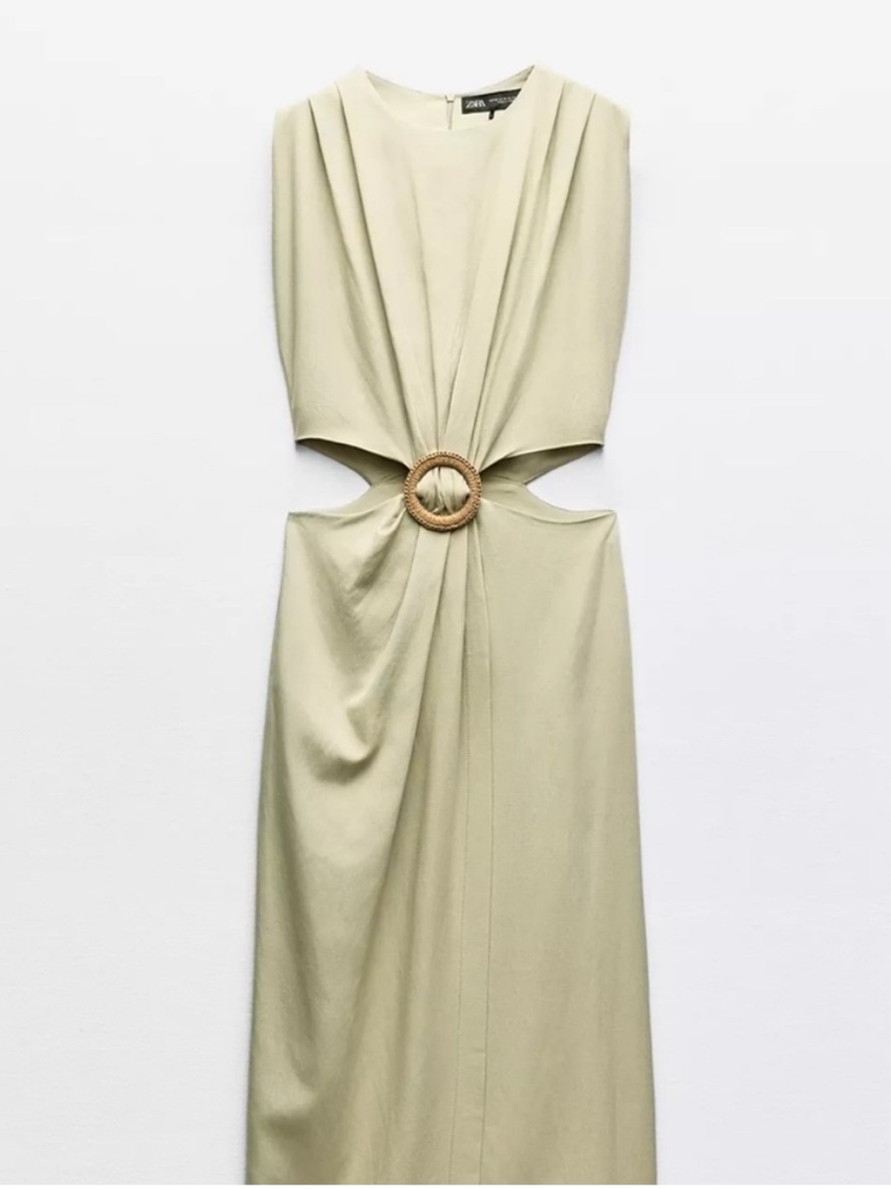 Zara Cut Out Midi Dress Sage Green Buckle Detail Linen Blend Vacation Size S